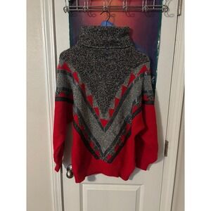 hristen Men's Red Black Gray Geometric Pattern Turtleneck Sweater Size M 90s